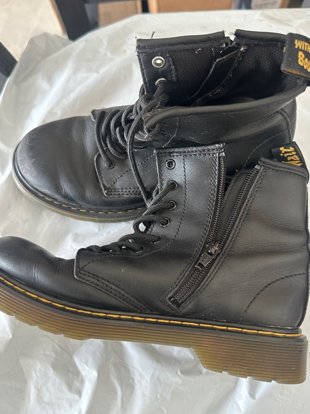 Dr. Martens Kids Black Leather Lace-Up Zip Boots with Yellow Stitching